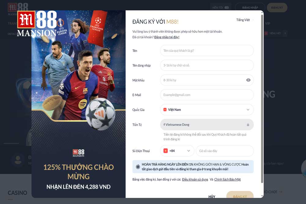 Nhập các thông tin đăng ký M88 chính xác